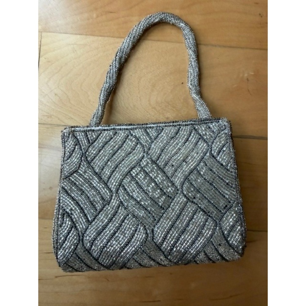 Vintage 80s Silver Beaded Evening Bag Geometric Woven Clutch Top Handle Wedding
